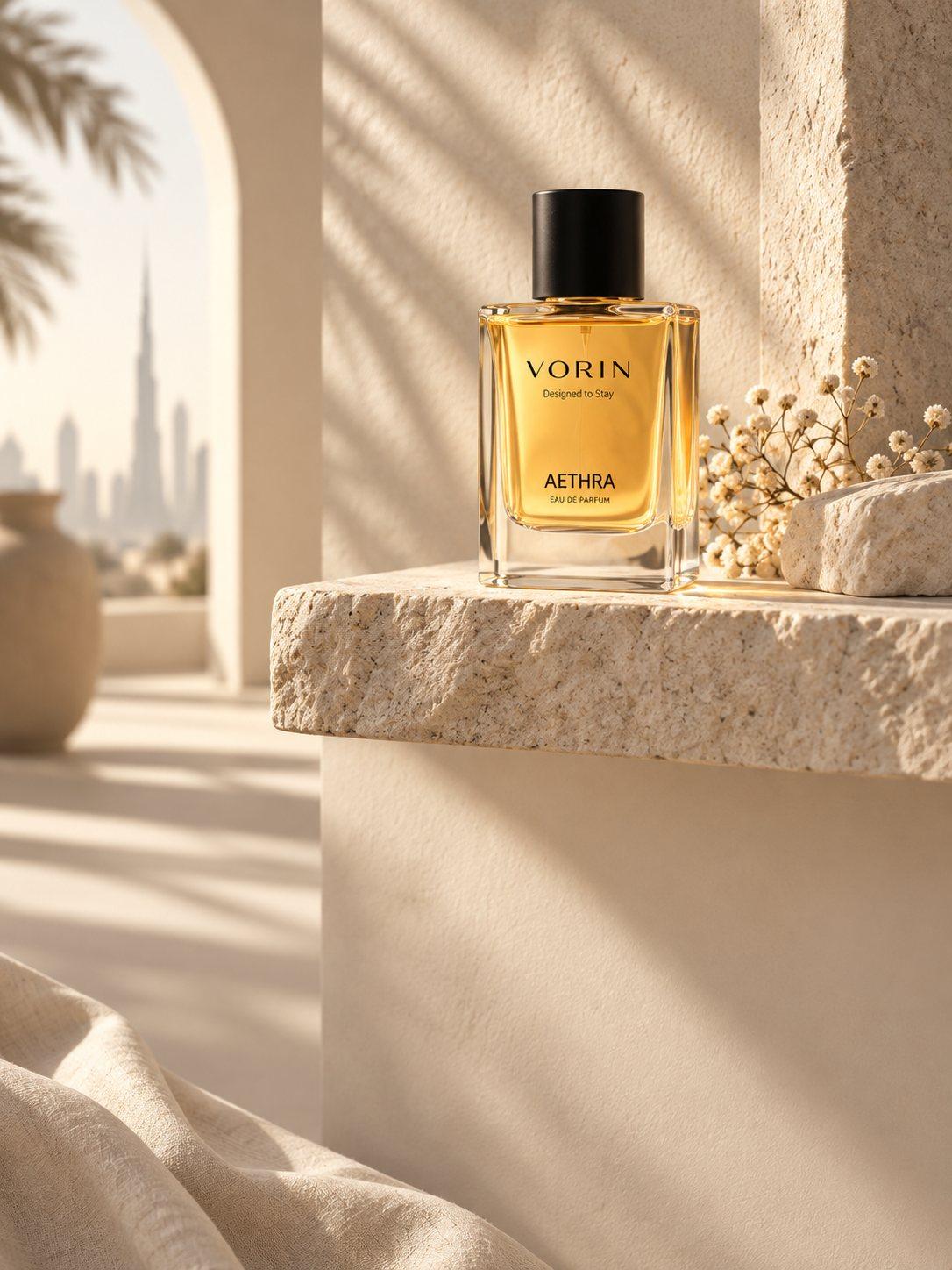 Palm shadows over a travertine ledge — the VORIN hero